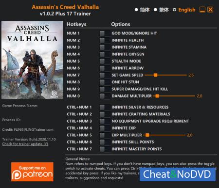 Assassin's Creed: Valhalla  Trainer +17 v1.0.2 {FLiNG}