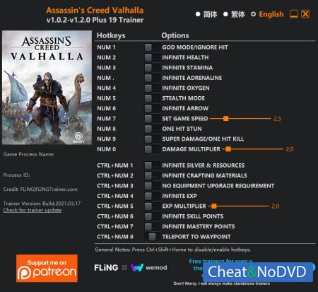 Assassin's Creed: Valhalla  Trainer +19 v1.2.0 {FLiNG}