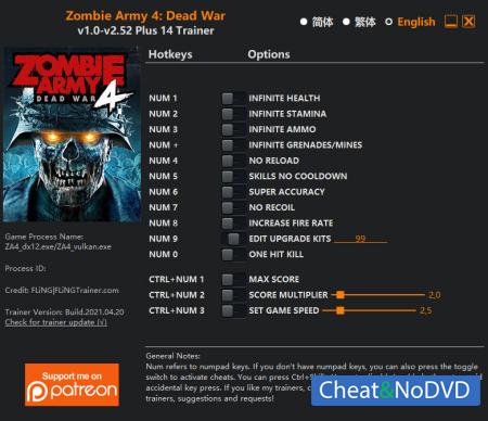 Zombie Army 4: Dead War  Trainer +14 v2.52 {FLiNG}