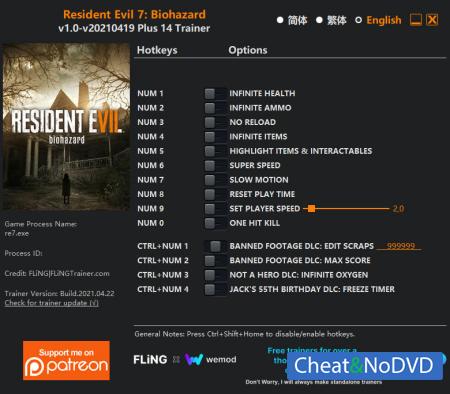 Resident Evil 7: Biohazard  Trainer +14 v2021.04.22 {FLiNG}