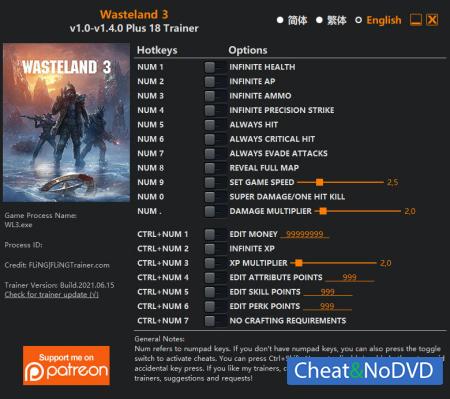 Wasteland 3  Trainer +18  v1.4.0 {FLiNG}