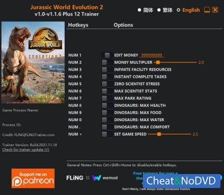Jurassic World Evolution 2  Trainer +12 v1.1.6 {FLiNG}