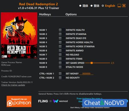 Red Dead Redemption 2  Trainer +12 v1436.31 {FLiNG}