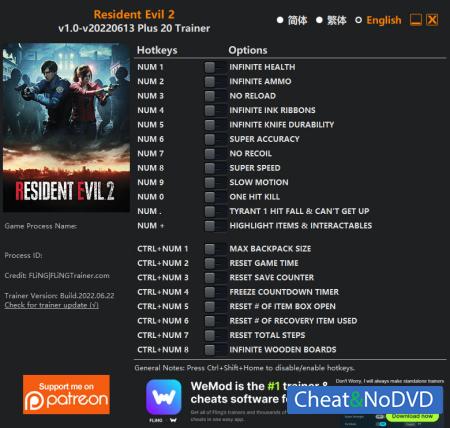 Resident Evil 2 Remake  Trainer +20 v1.0 Update 22.06.2022 {FLiNG}