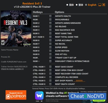 Resident Evil 3  Trainer +20 v22.06.2022 {FLiNG}