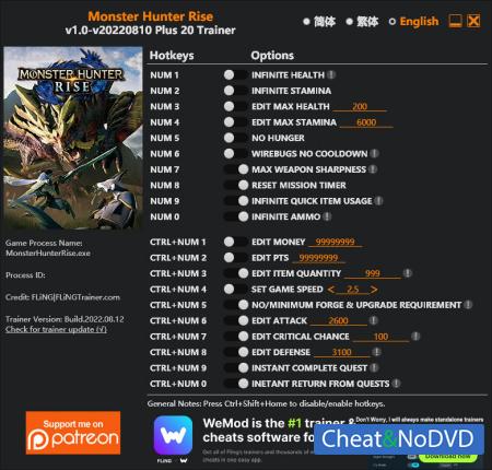 Monster Hunter: Rise  Trainer +20 v2022.08.10 {FLiNG}