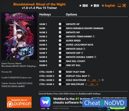 Bloodstained: Ritual of the Night  Trainer +15 v1.14 {FLiNG}