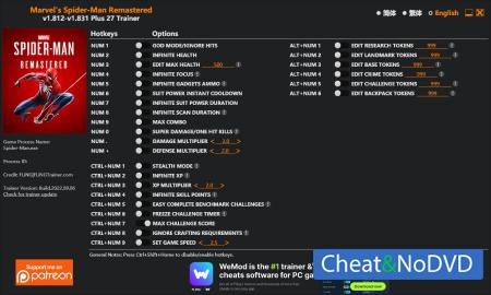 Marvel's Spider-Man Remastered  Trainer +27 v1.831 {FLiNG}