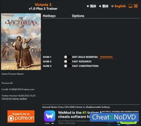 Victoria 3  Trainer +3 v1.0 {FLiNG}