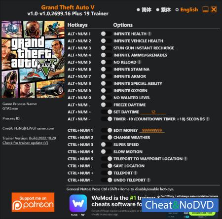 Grand Theft Auto 5  Trainer +19 GTA V v1.0.2699.16 {FLiNG}