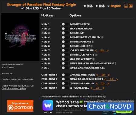 Stranger of Paradise: Final Fantasy Origin  Trainer +15 v1.60 {FLiNG}