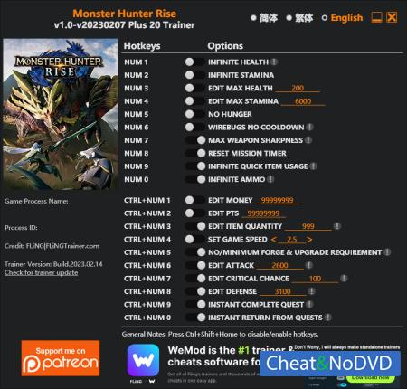 Monster Hunter: Rise  Trainer +20 v2023.02.14 {FLiNG}