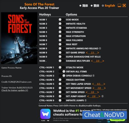 Sons Of The Forest  Trainer +20 Early Access {FLiNG}