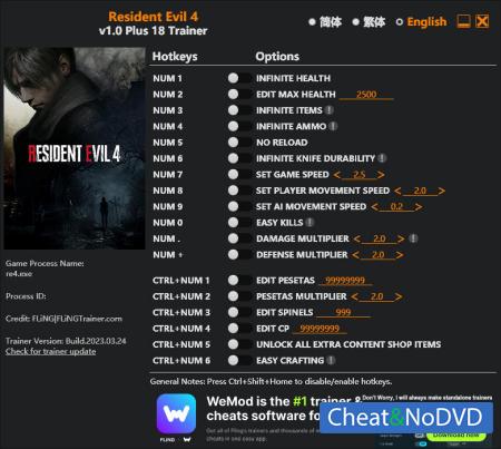 Resident Evil 4 Remake  Trainer +18 v1.0 {FLiNG}