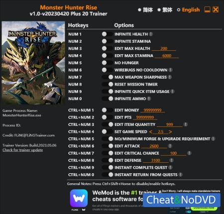 Monster Hunter: Rise  Trainer +20 v2023.05.06 {FLiNG}
