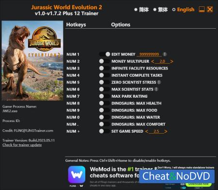 Jurassic World Evolution 2  Trainer +12 v1.7.2 {FLiNG}