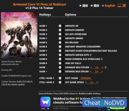 Armored Core VI Fires of Rubicon  Trainer +14 v1.0 {FLiNG}