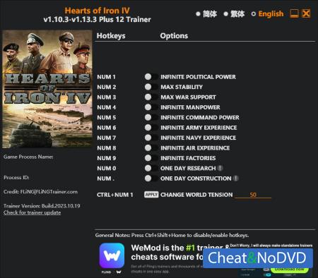 Hearts of Iron 4  Trainer +10 v1.13.3 {FLiNG}