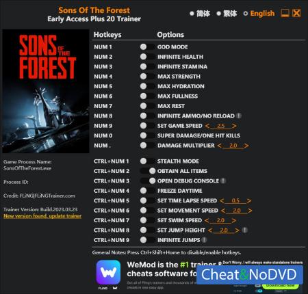 Sons Of The Forest  Trainer +20 Early Access 2023.10.25 {FLiNG}