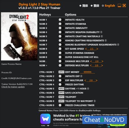 Dying Light 2 Stay Human  Trainer +21 v1.13.0 {FLiNG}