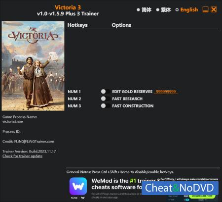 Victoria 3  Trainer +3 v1.5.9 {FLiNG}