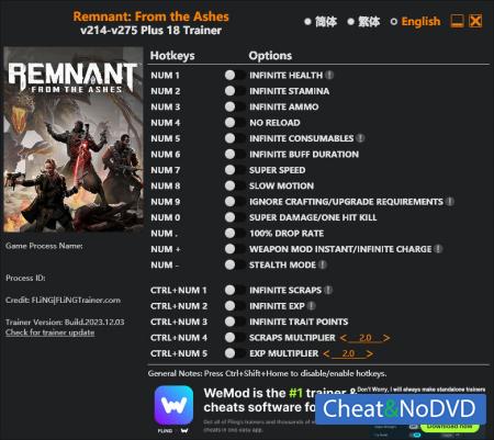 Remnant: From the Ashes  Trainer +18 v275 {FLiNG}