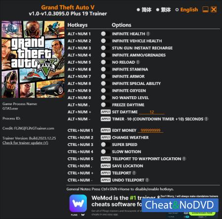 Grand Theft Auto 5  Trainer +19 GTA V v1.0.3095.0 {FLiNG}