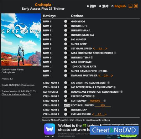 Craftopia  Trainer +21 Early Access 2024.01.05 {FLiNG}