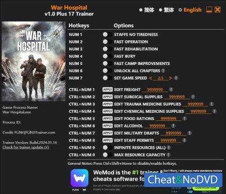 War Hospital  Trainer +17 v1.0 {FLiNG}