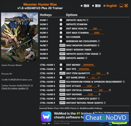 Monster Hunter: Rise  Trainer +20 v2024.01.23 {FLiNG}