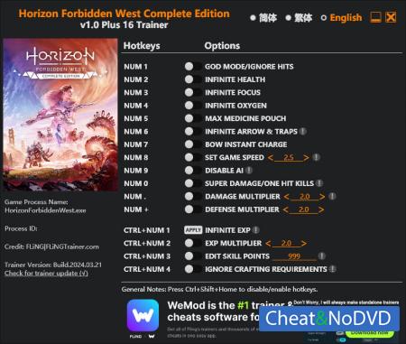 Horizon Forbidden West Complete Edition  Trainer +16 v1.0 {FLiNG}