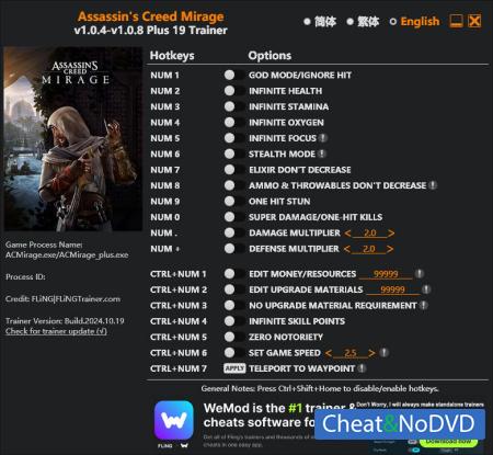 Assassins Creed Mirage  Trainer +19 v1.0.8 {FLiNG}