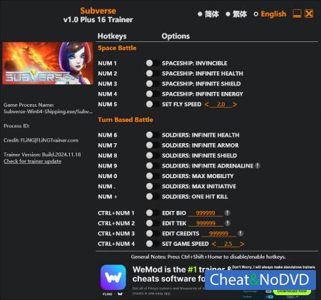 Subverse  Trainer +16 v1.0 {FLiNG}