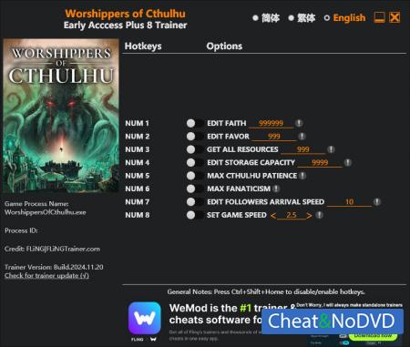 Worshippers of Cthulhu  Trainer +8 Early Access 2024.11.20 {FLiNG}