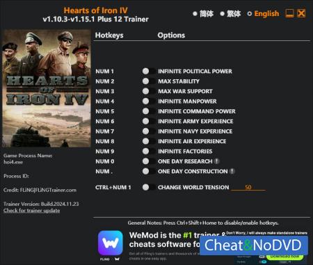 Hearts of Iron 4  Trainer +12 v1.15.1 {FLiNG}